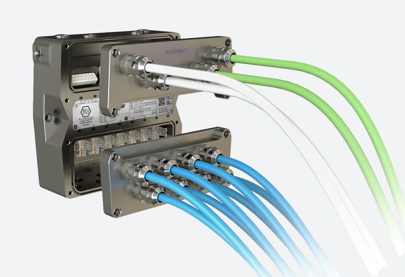 BEx1 Modul IP67 mit angeschlossenen Profinet- und IO-Leitungen