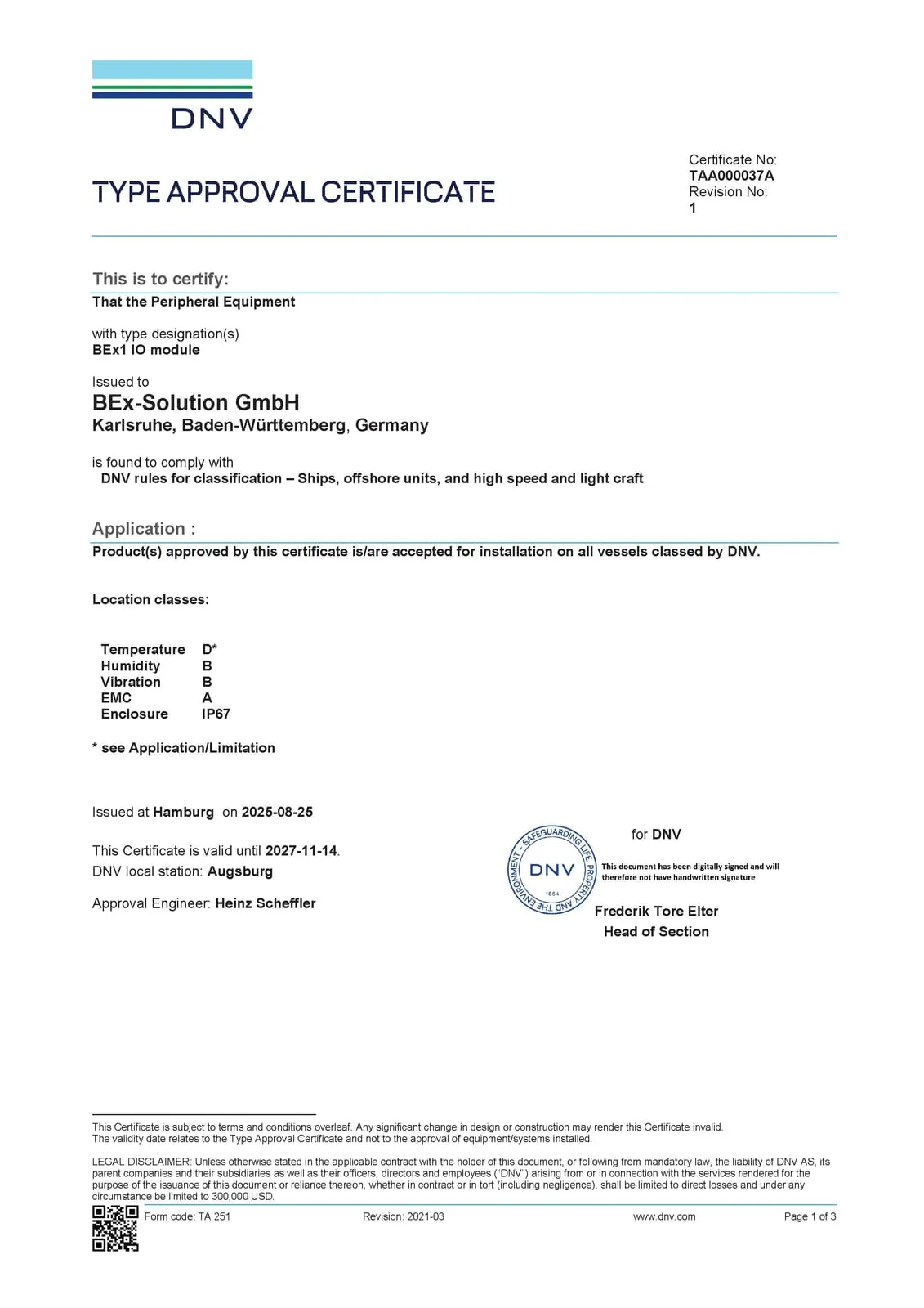 DNV-Zertifikat für BEx‑Solution, Seite 1