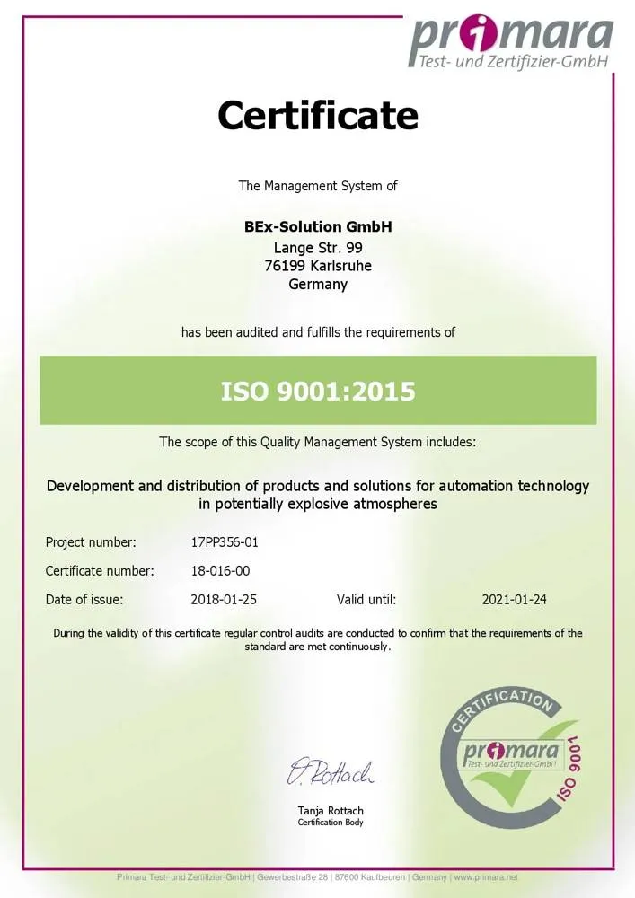 ISO-9001:2015-Zertifikat der BEx-Solution